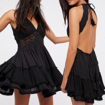 Sexy Backless Deep V-neck Lace Spliced Sling Beach Dress