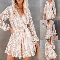 Bohemian Style Lantern Sleeve V-neck Lace Dress