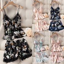 Sexy Backless V-neck Lace Spliced Sling Printed Top + Shorts Two-piece Set
