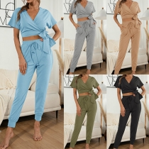 Sexy V-neck Lace-up Hem Short Sleeve Hooded Crop Top + Pants Two-piece Set
