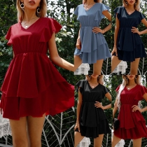 Elegant Solid Color Lotus Sleeve V-neck High Waist Cake Dress
