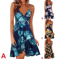 Sexy Backless V-neck High Waist Ruffle Hem Printed Sling Dress
