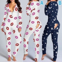 Casual Style Stjärna/Läppar tryckt långärmad Nattkläder Jumpsuit med bakknapp