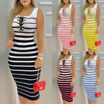 Fashion Sleeveless Lace-up V-neck Slim Fit Stripe Dress