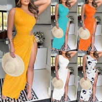Sexy One-shoulder Hollow Out Side Slit Hem Sleeveless Slim Fit Party Dress