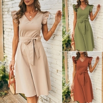 Elegant Solid Colid Ruffle Cuff V-neck High Waist A-line Dress