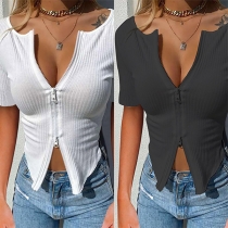 Sexig V-ringad Kortärmad Dragkedja Enfärgad Slim Fit Top