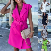 OL Style Sleeveless V-neck Solid Color High Waist Slim Fit Dress