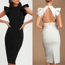 Sexy Backless Mock Neck Ruffl Cuff Solid Color Slit Hem Slim Fit Party Dress