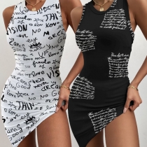 Sexy Sleeveless Round Neck Irregular Hem Letters Printed Tank Dress