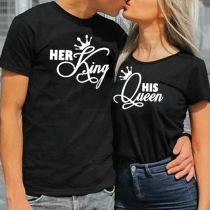 Casual Style Crown bokstäver tryckta kort ärm rund hals par T-shirt