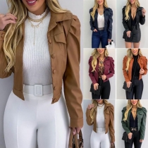 Fashion Solid Color Long Sleeve POLO Collar PU Leather Coat