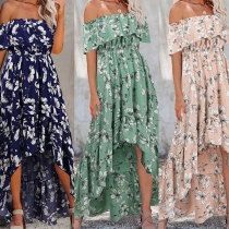 Sexy Ruffle Boat Neck High-low Hem Printed Dress