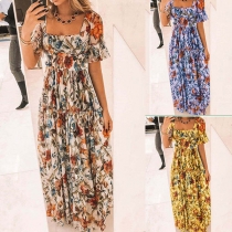Sweet Style Lotus Sleeve Square Collar High Waist Printed Maxi Dress