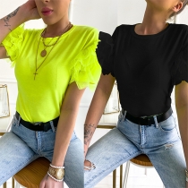 Fashion Gauze Spliced Puff Sleeve Round Neck Solid Color Slim Fit T-shirt