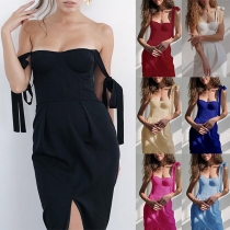 Sexy High Waist Slit Hem Solid Color Slim Fit Sling Dress
