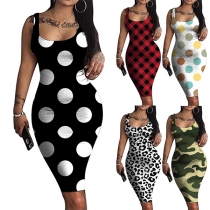 Fashion Sleeveless U-neck Slim Fit Printed Dress