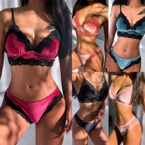 Sexy Backless V-neck Lace Spliced Low-waist Bra Underwear Set