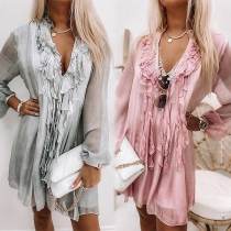 Sweet Style Lantern Sleeve V-neck Ruffle Tassel Loose Dress