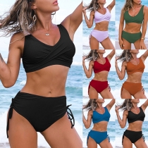 Sexy Backless High Waist Solid Color Bikini Set