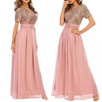 Elegant Style Short Sleeve Round Neck High Waist Sequin Spliced Party Dress