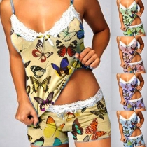 Sexy Backless V-neck Lace Spliced Butterfly Printed Sling Top + Shorts Nightwear Set