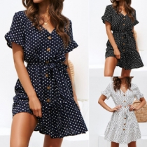 Sweet Style Short Sleeve V-neck Ruffle Hem Single-breasted Dots Printed Dress