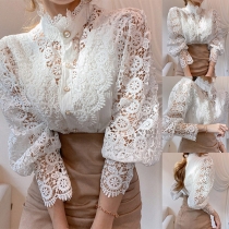 Sweet Style Lantern Sleeve Stand Collar Hollow Out Lace Spliced Top