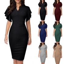 OL Style Lotus Sleeve V-neck High Waist Solid Color Slim Fit Dress