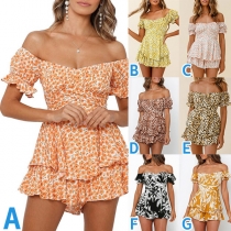 Sexy Off-shoulder Boat Neck Short Sleeve High Waist Ruffle Hem Printed Romper