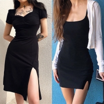 Sexy Square Collar Slit Hem Short Sleeve Solid Color Slim Fit Dress