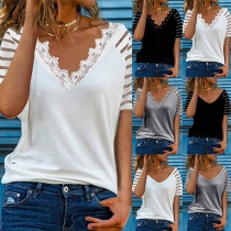Fashion Gauze Spliced Short Sleeve V-neck Loose T-shirt