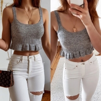 Sexy Backless U-neck Ruffle Hem Solid Color Sling Knit Top
