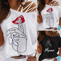 Sexy Off-shoulder Short Sleeve Loose Printed T-shirt