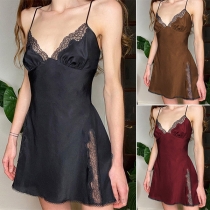 Sexy Backless V-neck Slit Hem Lace Spliced Sling Nightwear Dress