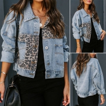 Fashion Leopard Printed Long Sleeve Denim Coat with POLO Collar