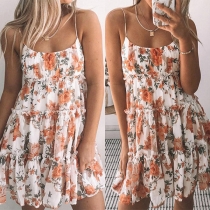 Bohemian Style Backless Ruffle Hem Printed Sling Dress