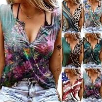 Casual Style Sleeveless V-neck Printed Spliced T-shirt