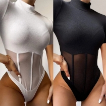 Sexy Gauze Spliced Short Sleeve Mock Neck Solid Color Bodysuit