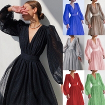 Sexy V-neck Puff Sleeve High Waist Dots Printed Party Dress