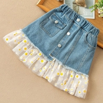 Sweet Style Daisy Gauze Spliced Hem High Waist Denim Kjol för barn