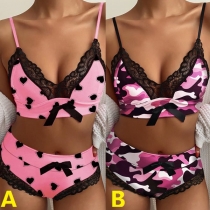 Sexy Backless V-neck Lace Spliced Printed Lingerie Set