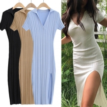 Sexy V-neck Slit Hem Short Sleeve Solid Color Slim Fit Knit Dress