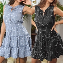Fresh Style Sleeveless Round Neck Ruffle Hem Dots Printed Dress