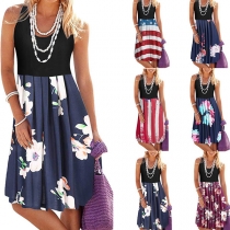 Fashion Sleeveless Round Neck High Waist Printed Spliced Hem Dress