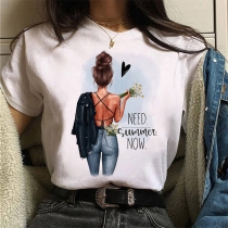 Cute Girl Printed Pattern Short Sleeve Round Neck T-shirt