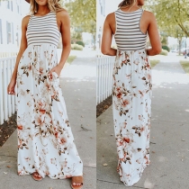 Fashion Striped Spliced Sleeveless Round Neck Printed Maxi Dress