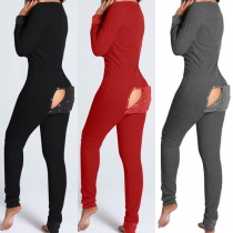 Mode Enfärgad Långärmad V-eck Ryggknapp Pyjamas Jumpsuit i ett stycke