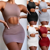 Sexy Side Hollow Out Sleeveless Round Neck Solid Color Bodycon Dress