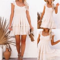 Sweet Style Lotus Sleeve High Waist Ruffle Hem Wrinkled Dress